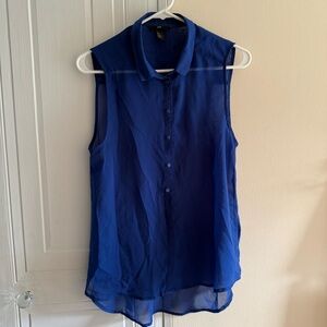 H&M Navy Blouse sheer button down sleeveless shirt size 8‎